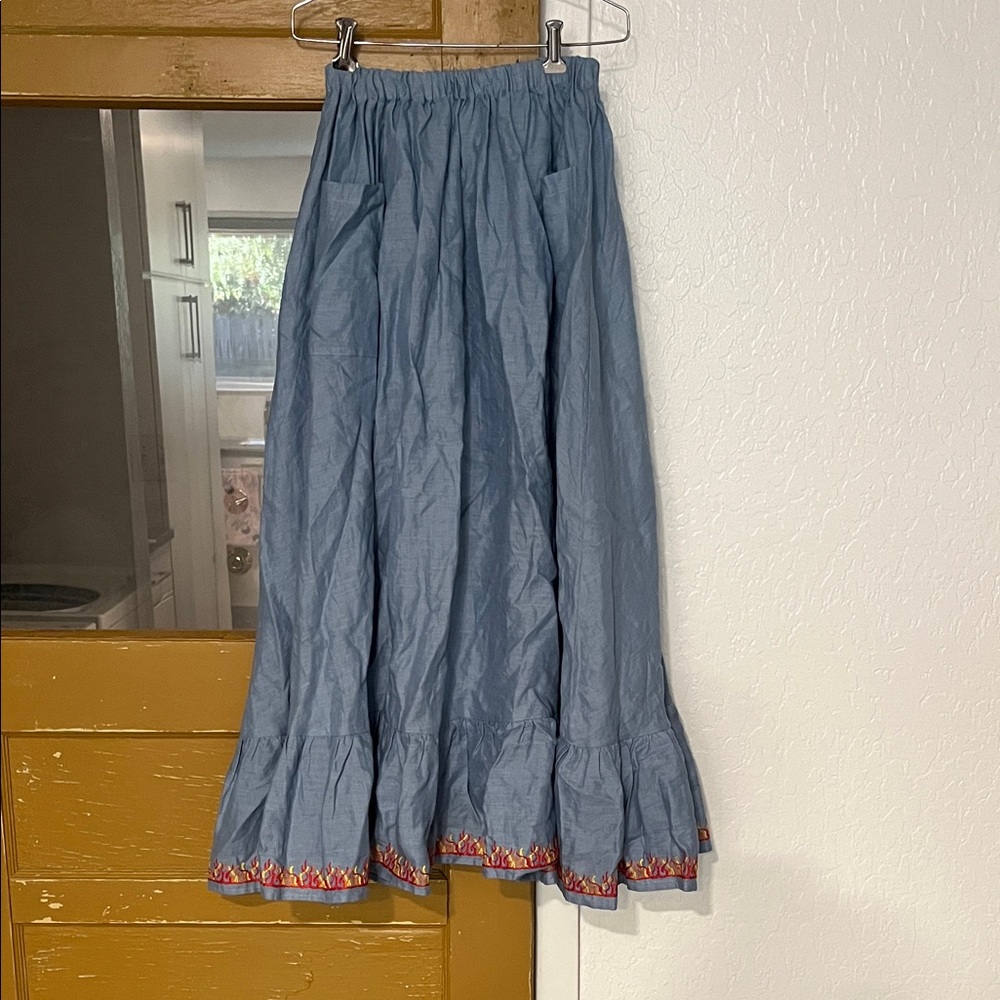 Fashion Brand Company Blue Maxi Skirt Flame embroidery